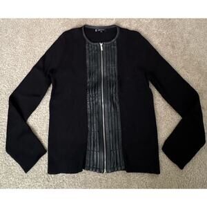 AK Anne Klein Womens Large Black Leather Trim Zip Cardigan Sweater Jacket